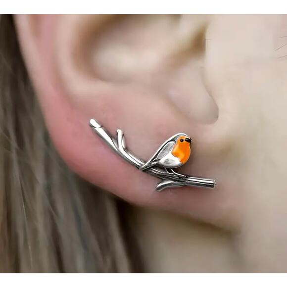 Tiny Bird on a Branch Minimalist Earrings Silver Wren Sparrow NWT Cottagecore - Picture 1 of 7